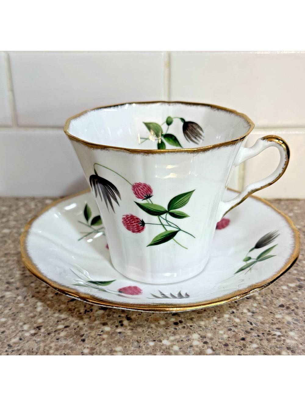 Mayfair Bone China Cup & Saucer Set Floral Pattern Made in England Clover